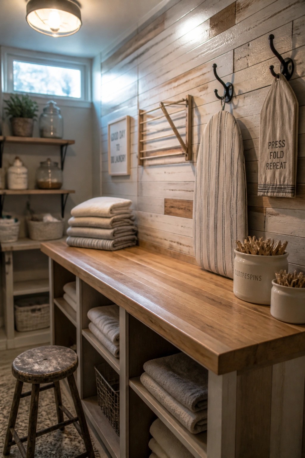 A laundry room featuring a whitewashed wooden plank wall with hooks holding an ironing board and a cloth bag, a long wooden countertop, and open shelves stocked with folded towels.