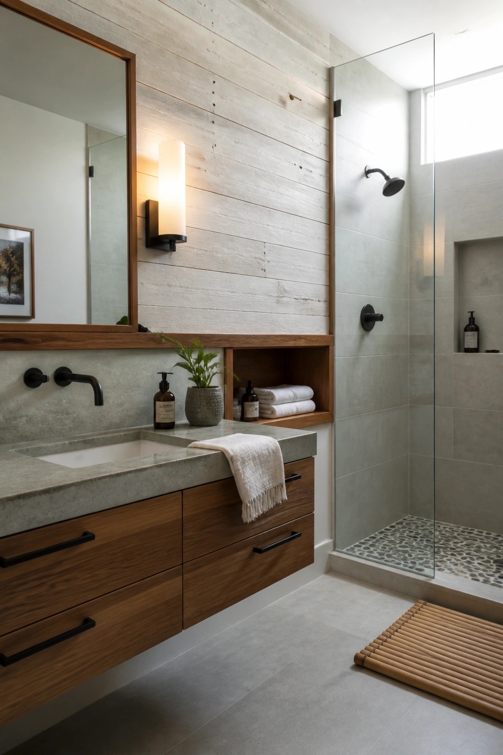 A bathroom with a floating wood vanity, concrete countertop, whitewashed horizontal wood plank wall, wall sconce, and glass shower enclosure.