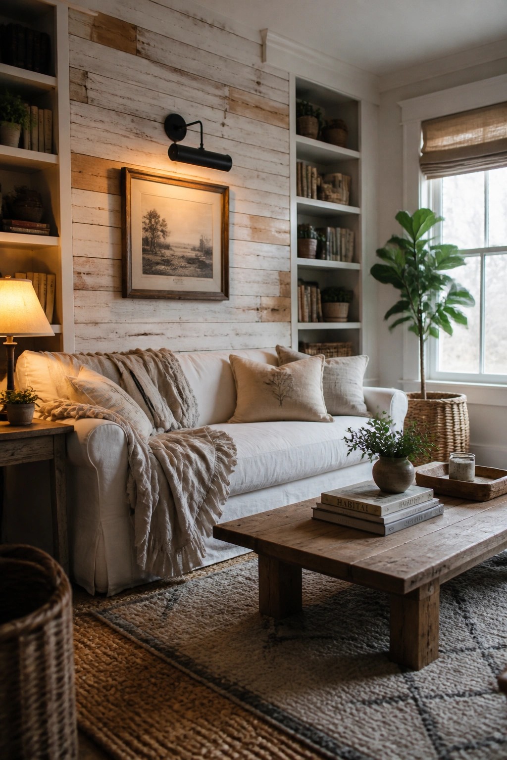 A living room with a whitewashed wood plank accent wall, white sofa, wooden coffee table, and built-in white shelves.