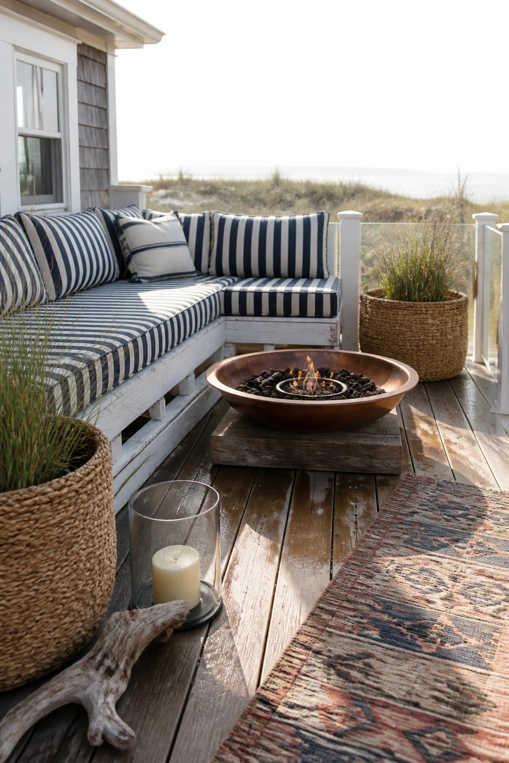 Wooden corner bench with navy striped cushions on a deck beside a copper fire pit, with a woven rug and potted plants nearby.
