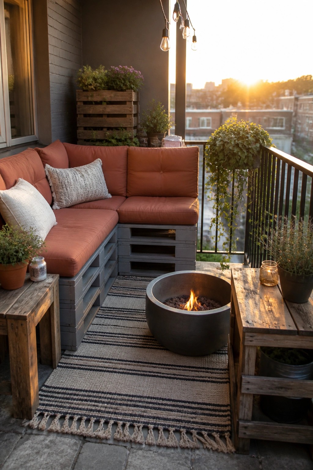 An outdoor balcony features an L-shaped seating area made from gray painted pallets with orange cushions, a round metal fire pit on a striped rug, and potted plants placed along the edges.