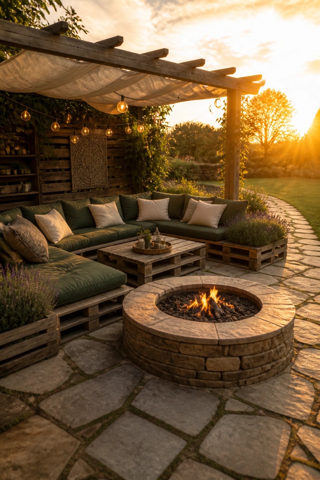 An outdoor patio with pallet wood corner benches topped with green cushions arranged around a round stone fire pit on a stone patio.