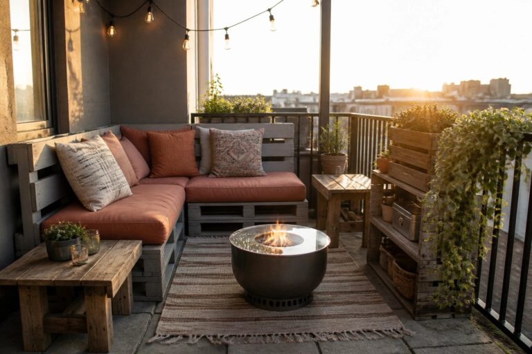 24 Cozy Pallet Outdoor Seating Ideas Built Around Cushions, Corner Benches, and Fire Pits An outdoor balcony features an L-shaped seating area made from gray painted pallets with orange cushions, a round metal fire pit on a striped rug, and potted plants placed along the edges.