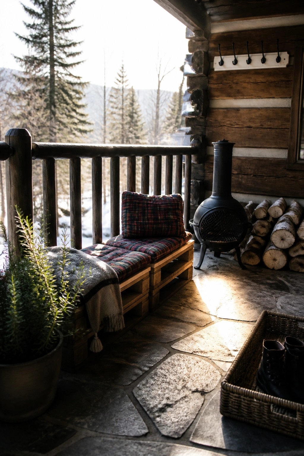 Rustic porch with plaid pallet bench, wood stove, firewood, and snowy mountain view.