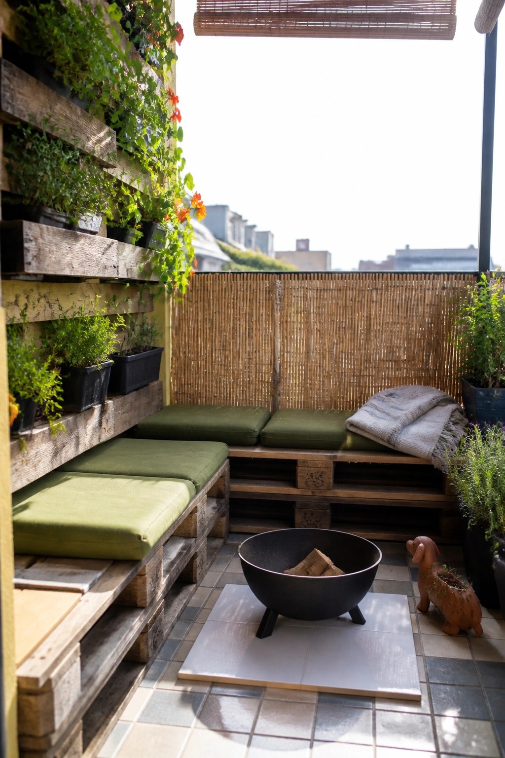 Cozy balcony with pallet seating, vertical garden, fire pit, and city view.