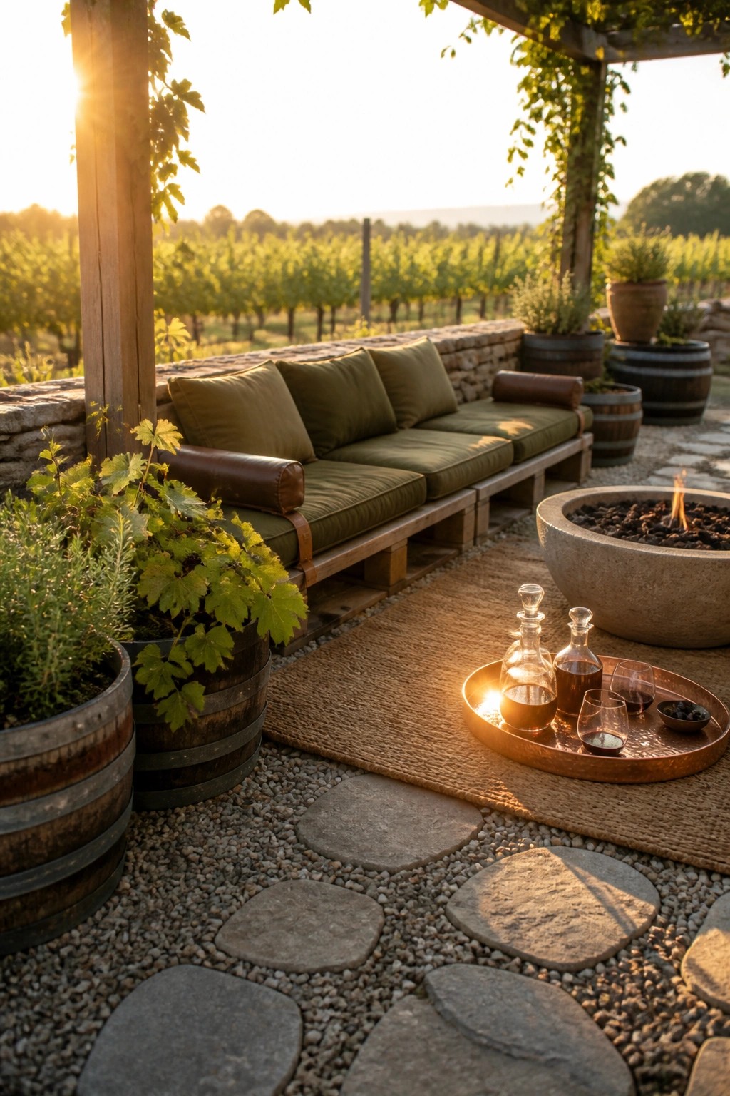 A low wooden pallet bench with green cushions and brown bolsters sits on a gravel patio next to a round stone fire pit, with a tray of wine glasses on a woven mat in the foreground.