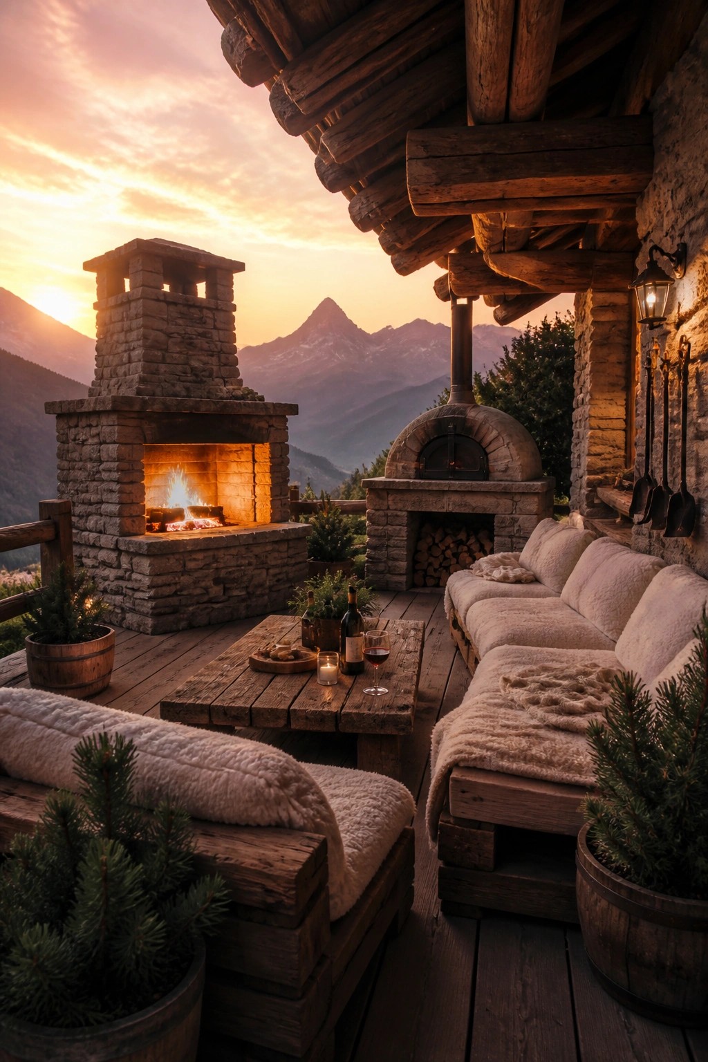 Wooden pallet sofas with thick off-white cushions arranged on a deck around a stone fireplace and outdoor oven, with a low table holding wine glasses and a mountain view at sunset.