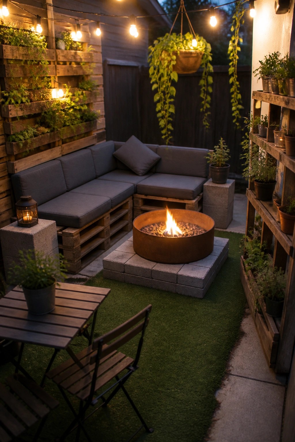 A backyard patio with pallet-built L-shaped seating covered in gray cushions surrounding a round fire pit on a brick base, with string lights overhead and potted plants on shelves and walls.