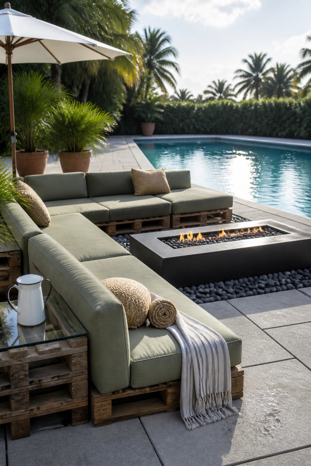 An outdoor patio with an L-shaped sectional sofa made from wooden pallets and green cushions, positioned next to a rectangular fire pit beside a swimming pool.