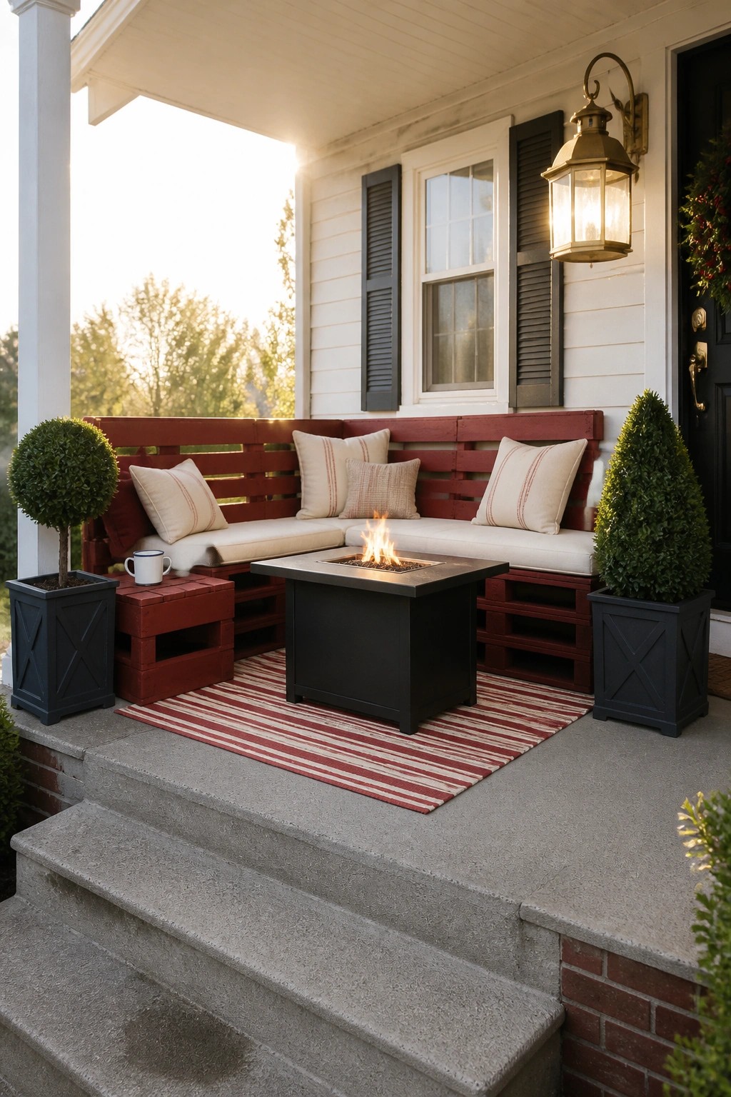 A red painted pallet corner bench with beige cushions wraps around a black fire pit on a front porch, flanked by two potted shrubs.