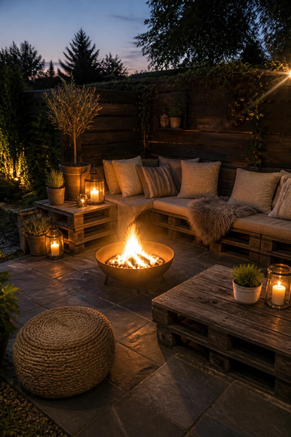 A stone patio at dusk with wooden pallet corner seating arranged around a lit fire pit, cushions on the benches, and lanterns nearby.