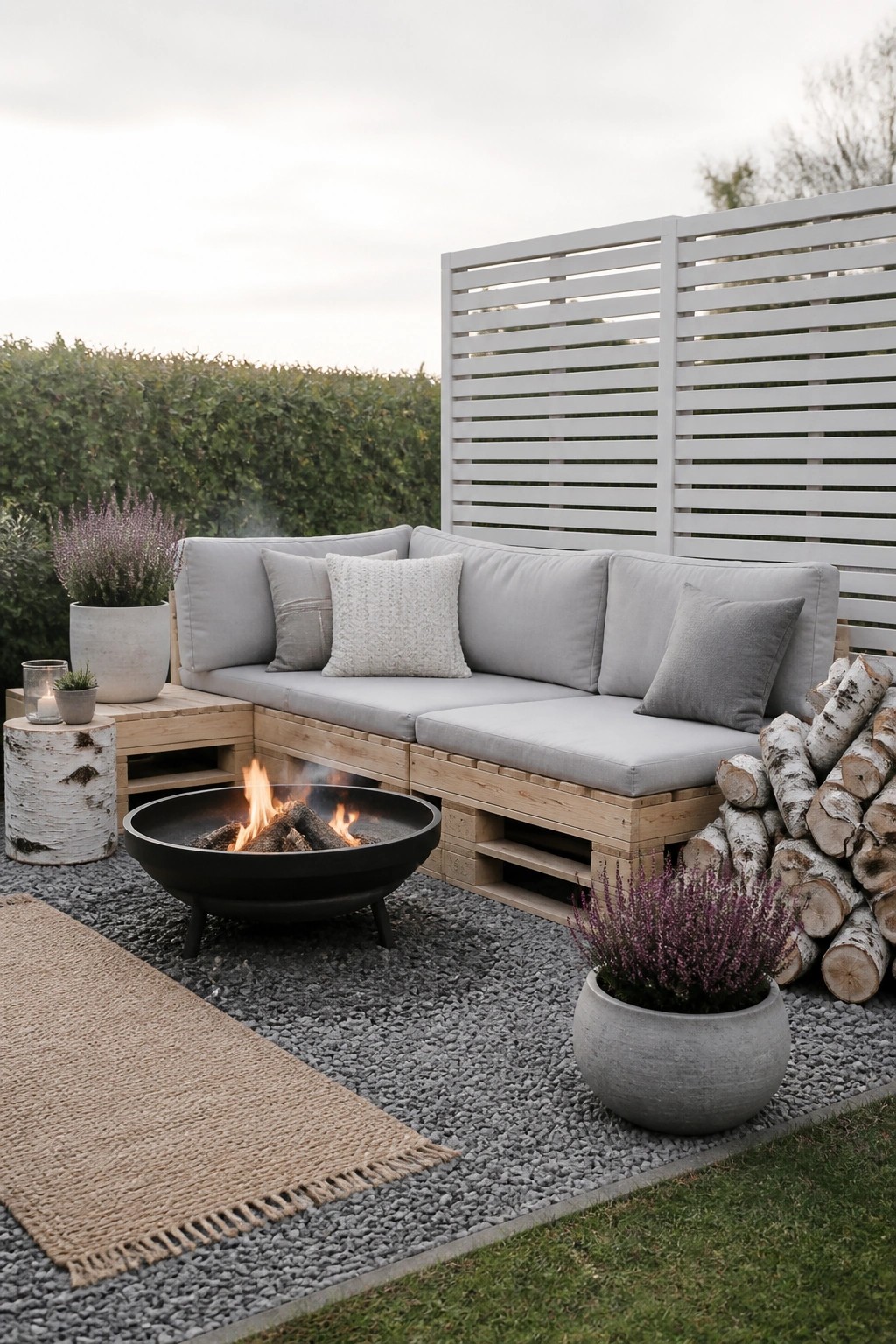 An L-shaped pallet wood bench with gray cushions arranged around a black fire pit on a gravel patio, next to a white slatted screen and stacked logs.