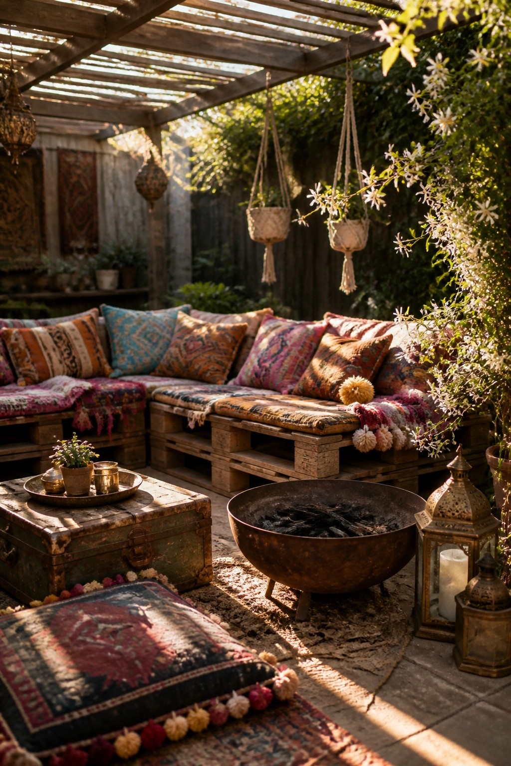Wooden pallet corner bench seating with colorful patterned cushions arranged around a metal fire pit on a paved patio with hanging plants and lanterns.