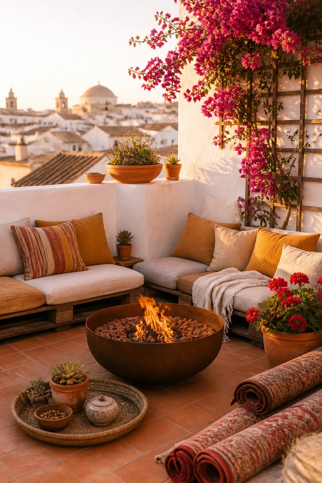 A rooftop terrace features pallet wood corner benches with cushions arranged around a round metal fire pit, terracotta tile flooring, and potted plants.