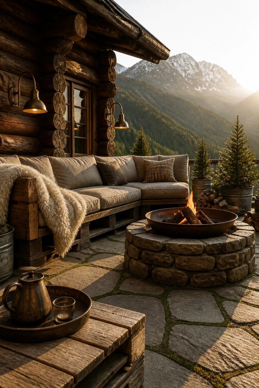 A corner bench made from wooden pallets with beige cushions sits on a stone patio beside a round stone fire pit, with a log cabin wall and mountain view behind it.