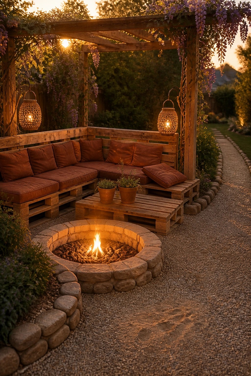 A wooden pallet corner bench with rust-colored cushions sits around a stone fire pit beneath a pergola with hanging lanterns.
