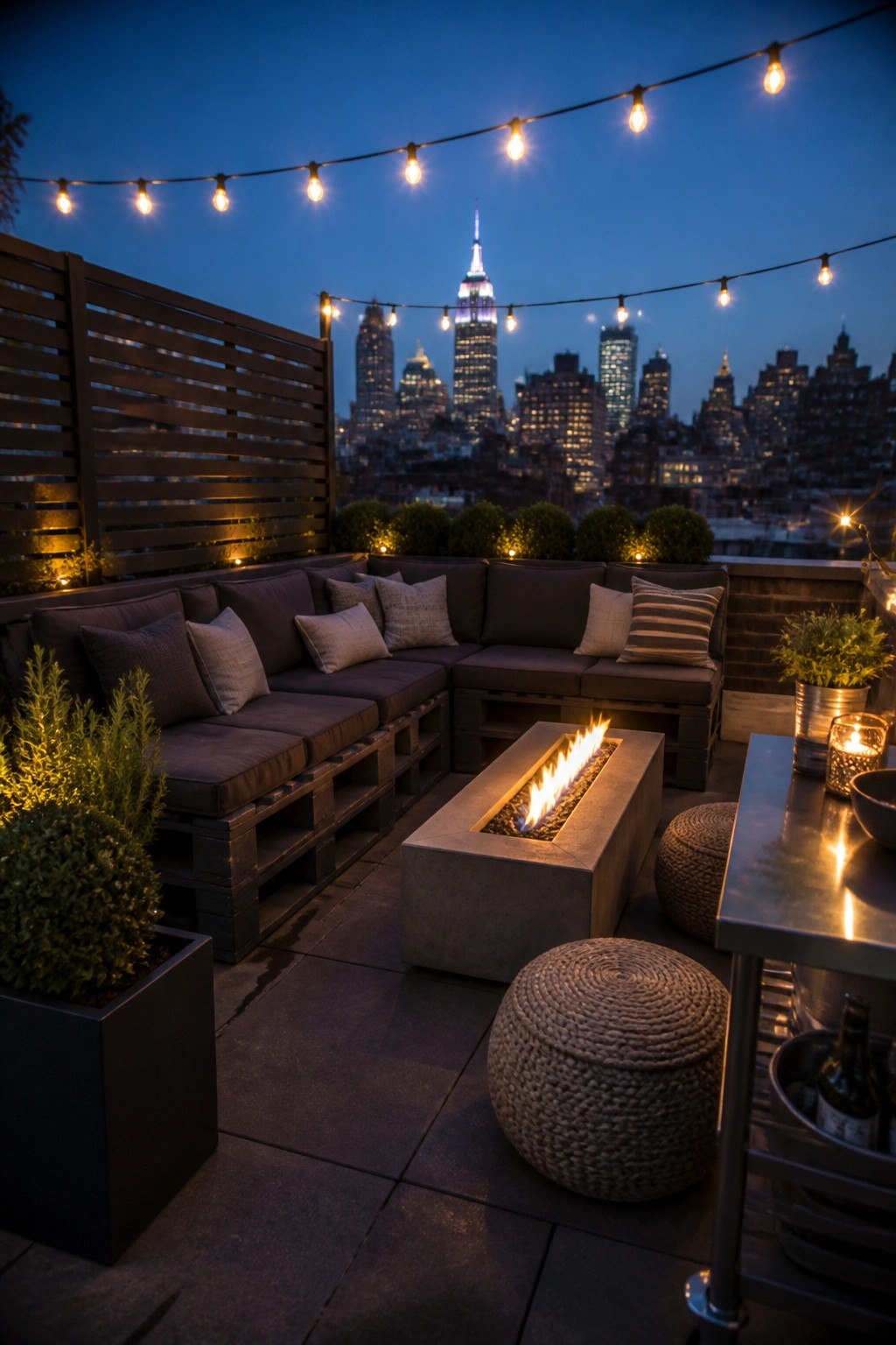 A nighttime rooftop patio with dark pallet corner sofas, cushions, a concrete fire pit, woven ottomans, string lights, and a city skyline in the background.