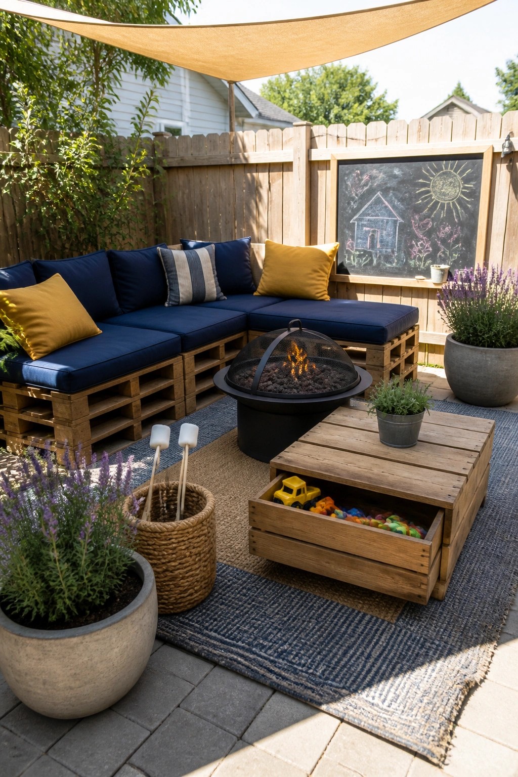An L-shaped outdoor sectional made from wooden pallets with navy blue cushions sits around a black fire pit on a patio, with a pallet coffee table and potted lavender plants nearby.