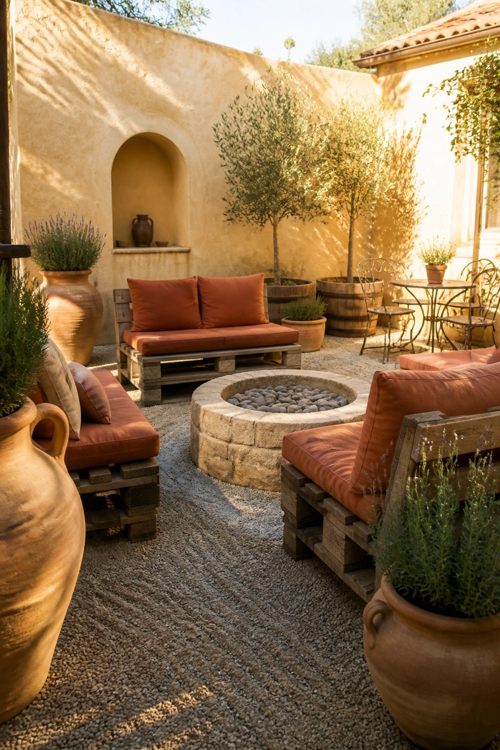Outdoor patio with wooden pallet benches arranged around a circular stone fire pit, orange cushions on the seats, and large terracotta pots nearby.