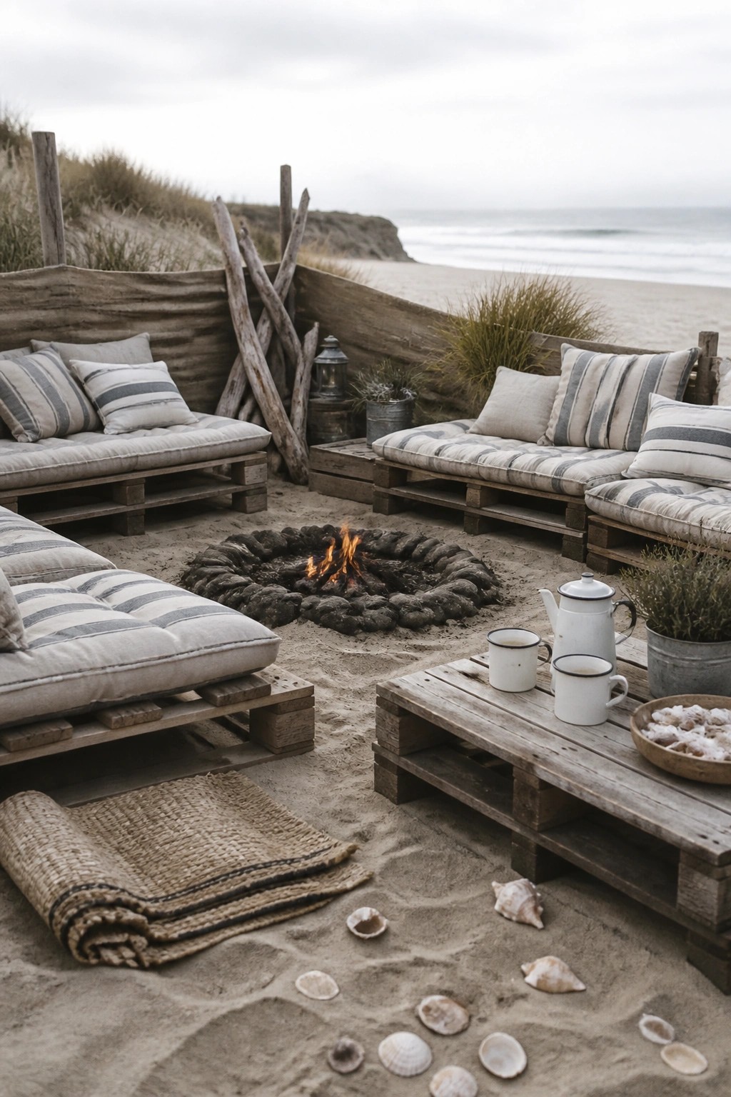 Wooden pallet sofas with striped cushions arranged around a stone fire pit on a sandy beach.
