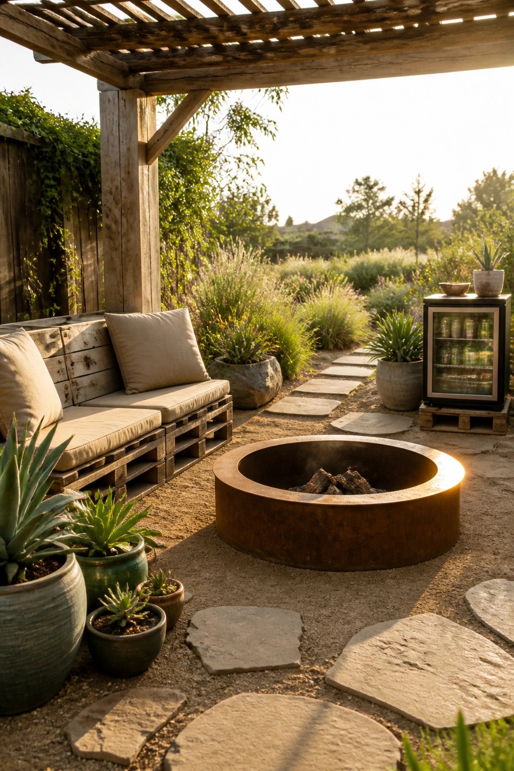 An outdoor seating area with a wooden pallet bench topped with beige cushions beside a large round metal fire pit on stone pavers under a pergola.