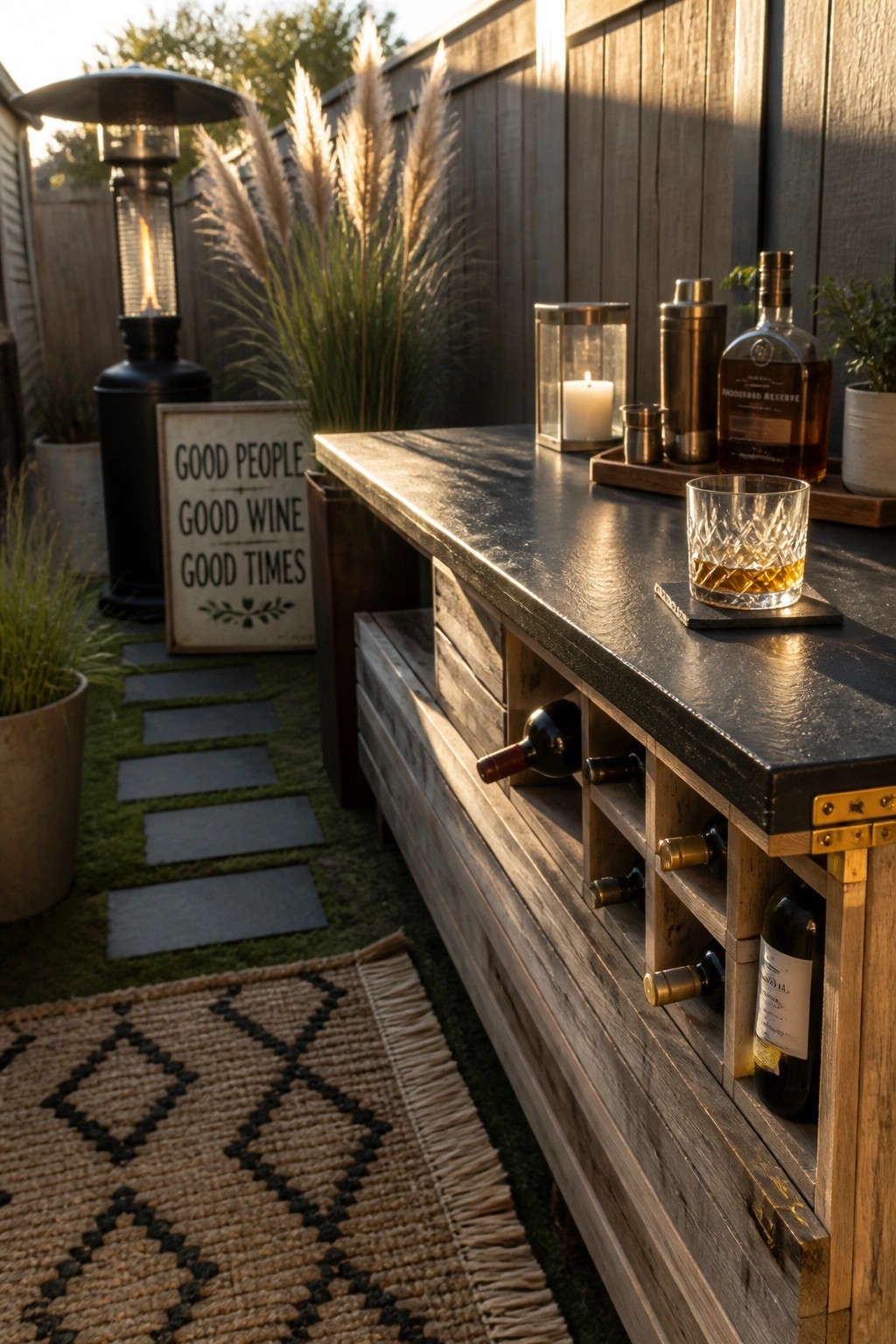 Wooden outdoor bar with wine bottles, whiskey glass, heater, and garden sign