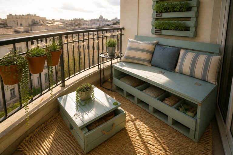 23 Versatile Pallet Outdoor Furniture Ideas With Built-In Storage for Small Spaces Cozy balcony with pale blue pallet bench, storage table, striped cushions, and potted plants.