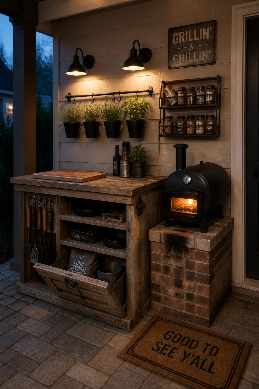 A wooden outdoor prep station with open shelves, a pull-out drawer, and hanging tools sits beside a black grill on a brick base on a covered porch.