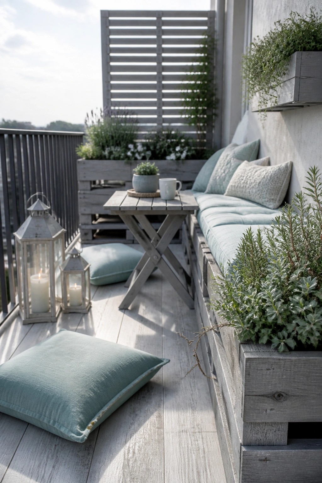 A small balcony with a long wooden pallet bench topped with light blue cushions, a small pallet table holding a mug, two lanterns on the floor, and several planter boxes with green plants.