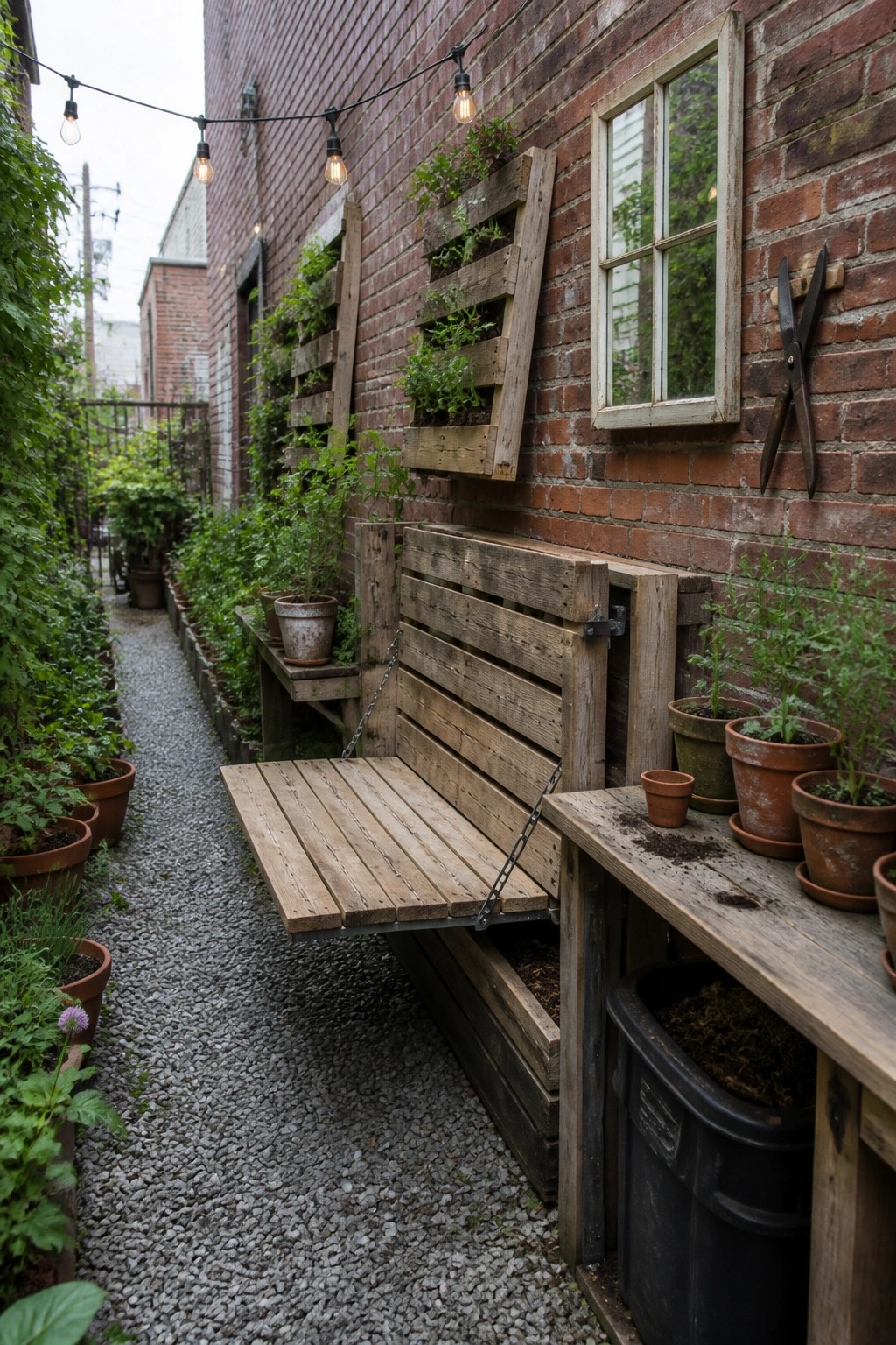 A wooden pallet bench with a hinged seat partially open to reveal storage space underneath, positioned against a brick wall beside potted plants and a gravel path.