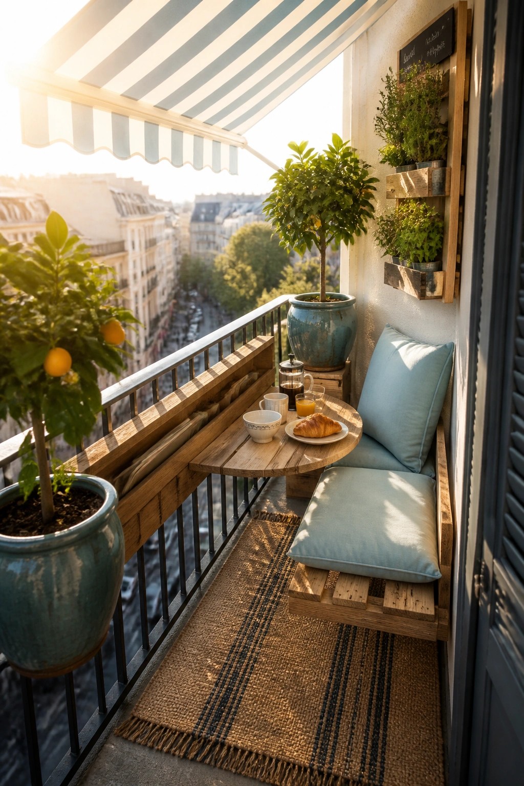 A small balcony furnished with a wooden pallet bench topped with light blue cushions, a round pallet table holding breakfast items, potted citrus trees, and a wall-mounted pallet herb planter overlooking a city street.