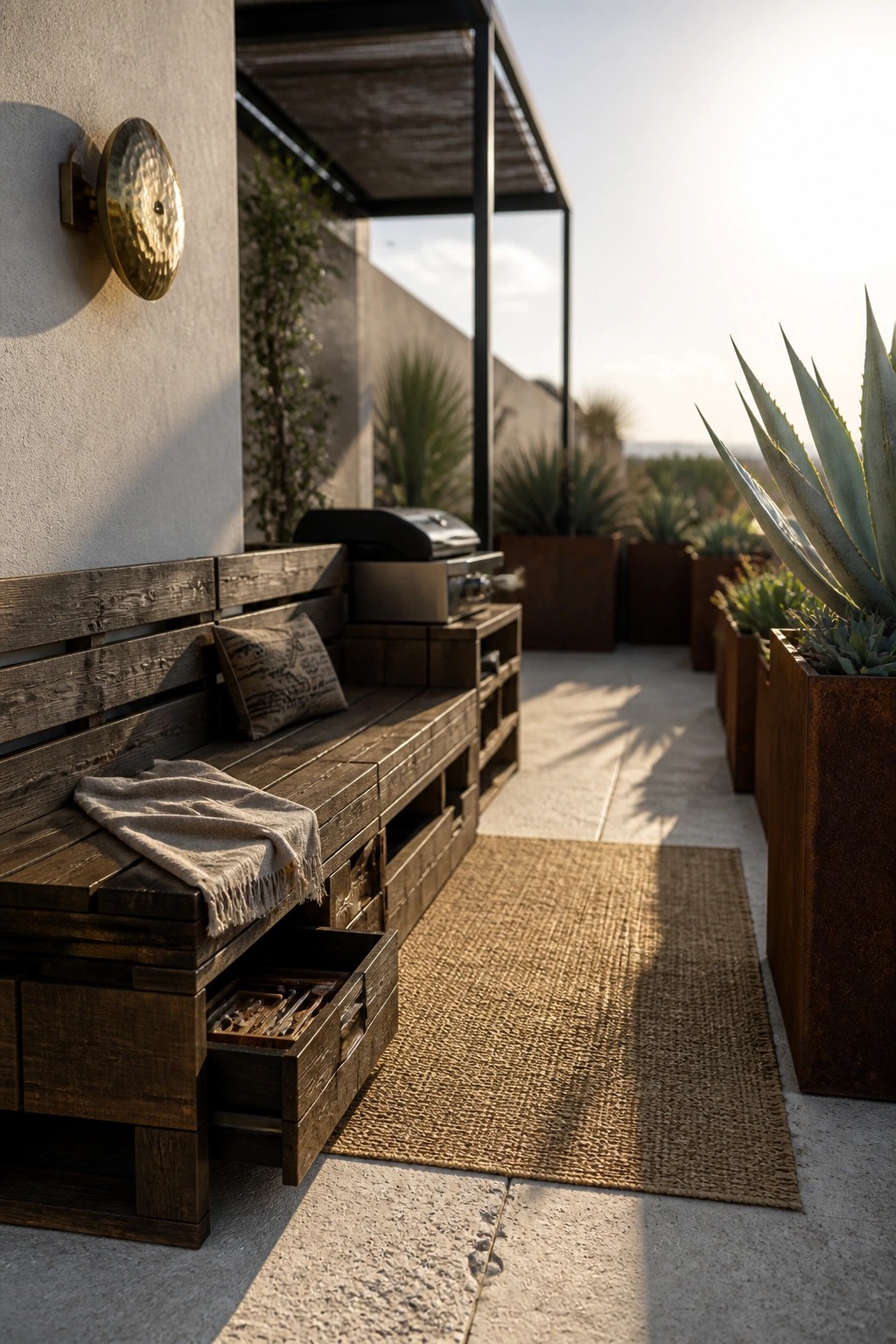 Wooden pallet bench with open storage drawers on a concrete patio beside a woven rug and large metal planters.
