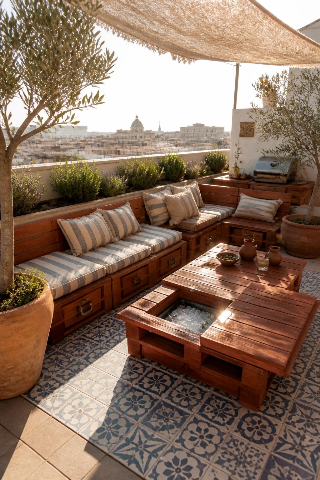 Rooftop patio with L-shaped wooden pallet benches that have striped cushions and visible storage drawers, a pallet coffee table with a recessed center area, potted trees, and a city view in the background.
