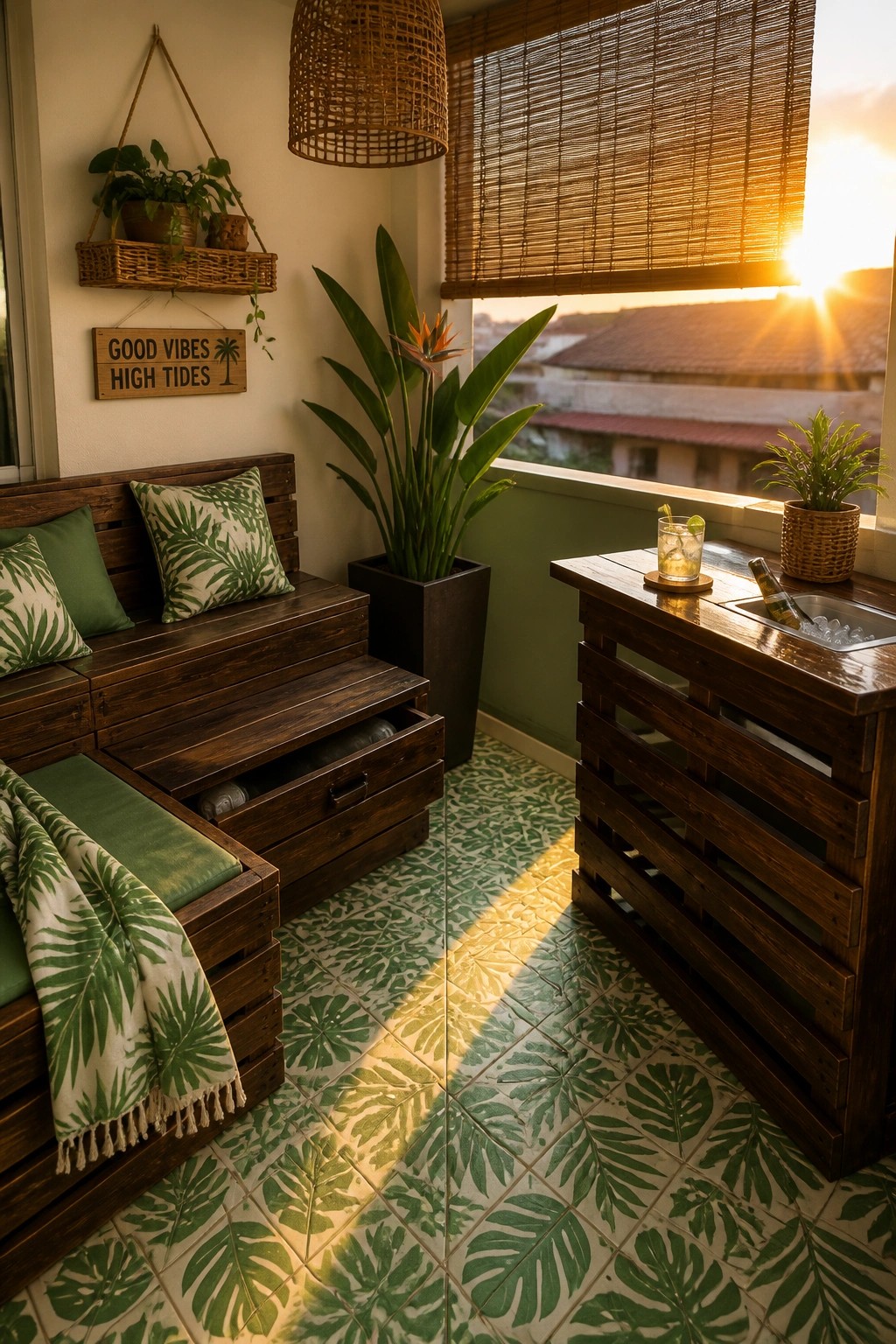 A wooden pallet bench with green cushions and open drawers on a tiled balcony beside a matching pallet table with a sink.