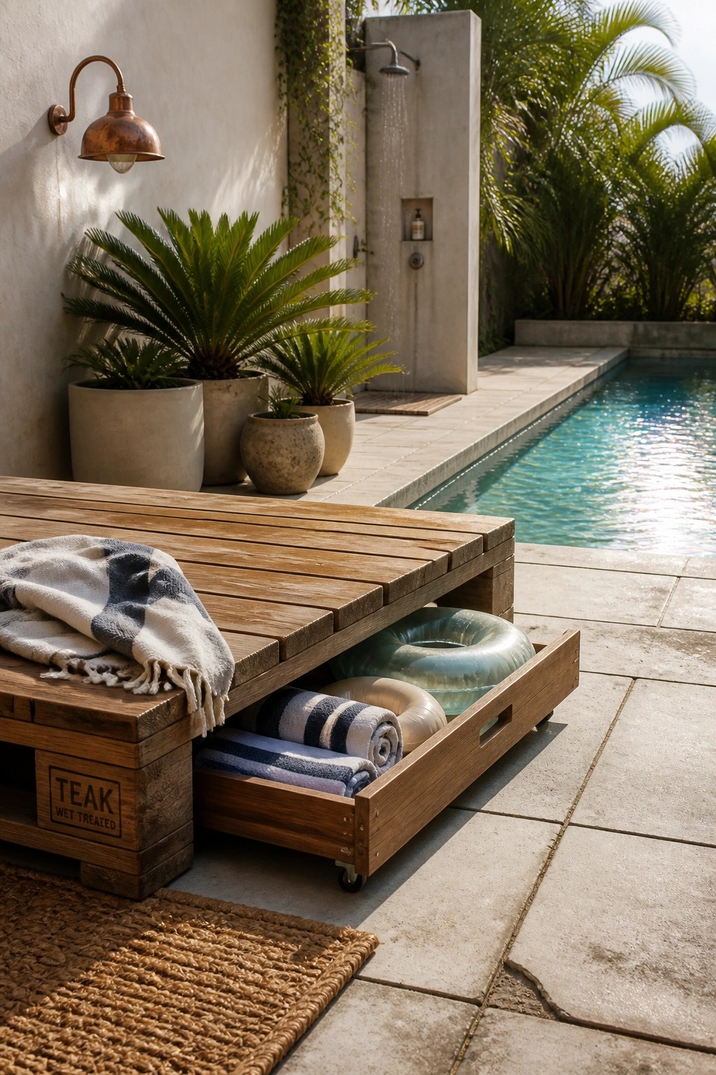 A wooden pallet bench with an open drawer holding rolled towels and inflatable rings sits on a stone patio beside a pool, with potted plants and an outdoor shower in the background.