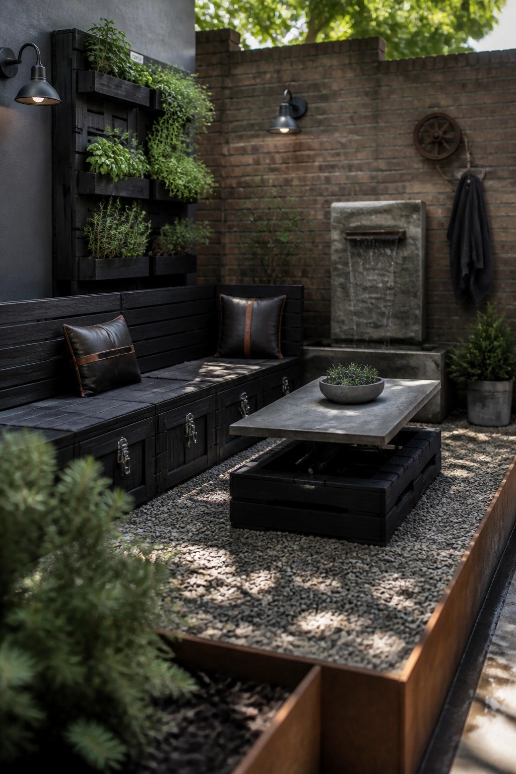 Outdoor patio with a long black pallet wood bench that has under-seat storage doors, dark cushions, a concrete table, and a brick wall behind it.