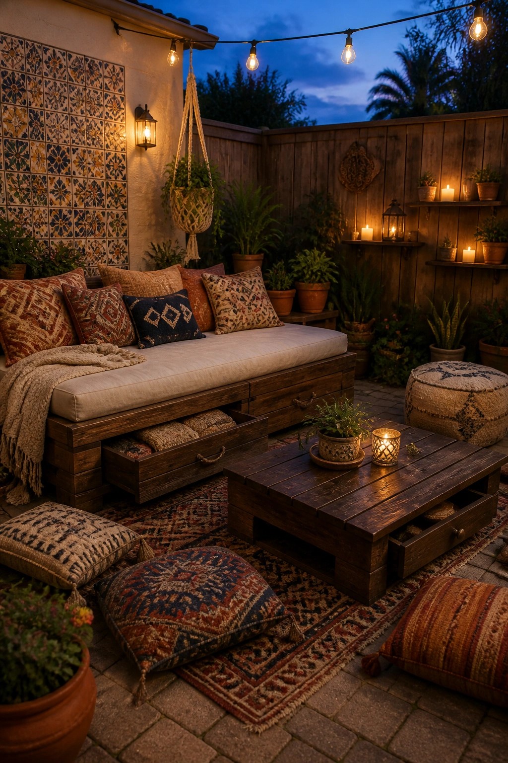 A wooden pallet bench with open storage drawers sits on a brick patio beside a matching coffee table, surrounded by patterned cushions, rugs, and potted plants under string lights.