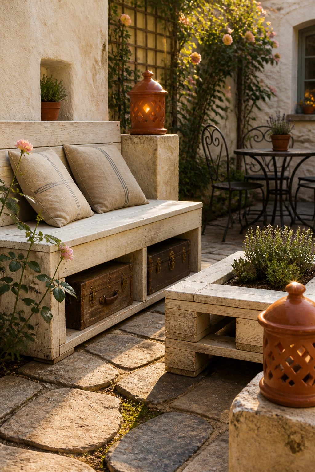 A wooden pallet bench with beige striped cushions holds two dark trunks in its lower compartments on a stone patio next to a raised planter box.