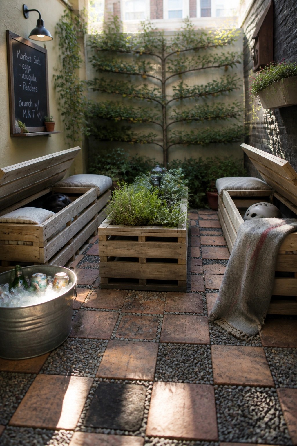 Wooden pallet benches with lift-up seats showing storage compartments sit on either side of a central pallet planter box on a brick courtyard patio.
