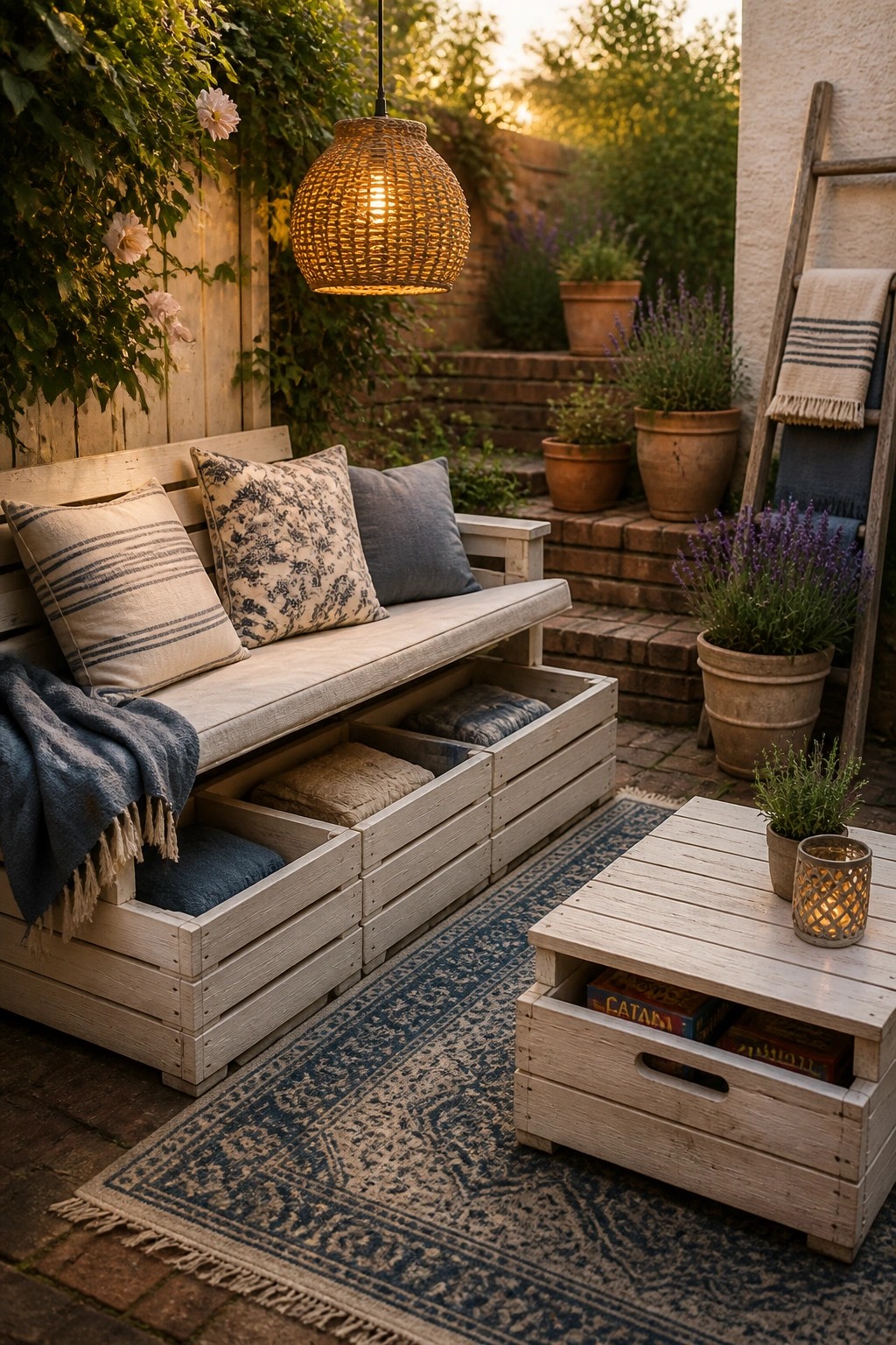 A light wood pallet bench with open storage drawers holding cushions sits on a blue patterned rug next to a matching pallet table on an outdoor patio.