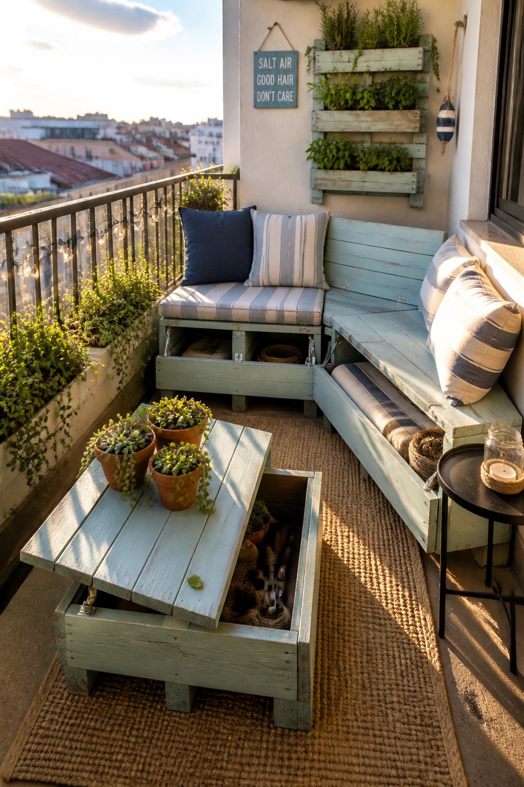 Cozy balcony with pale blue pallet bench, storage table, striped cushions, and potted plants.
