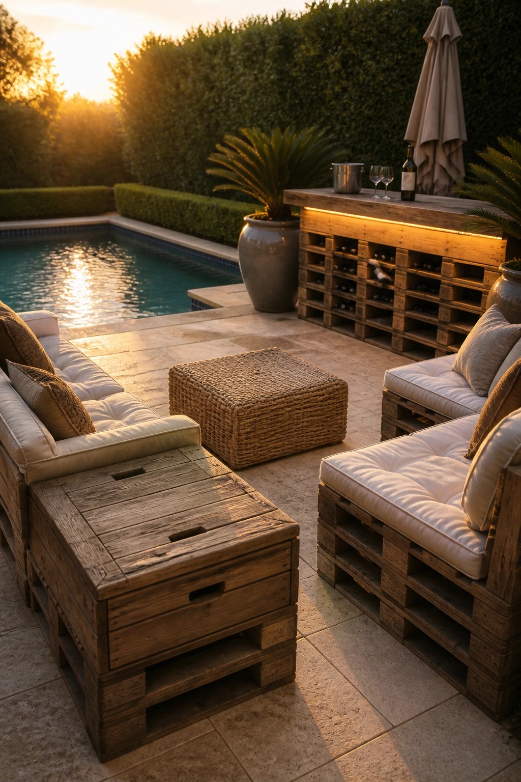 Outdoor patio with pallet wood sofas, armchairs, and a coffee table featuring built-in storage slots, positioned near a pool with a wooden bar and wine storage in the background.