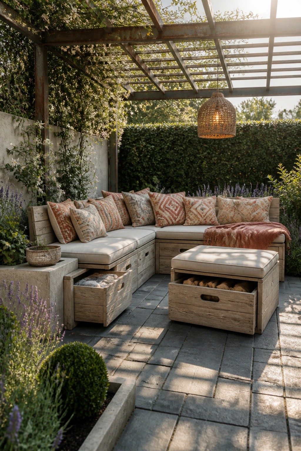 Wooden pallet outdoor sectional with open storage drawers, cushions, and a matching storage ottoman on a stone patio under a pergola.