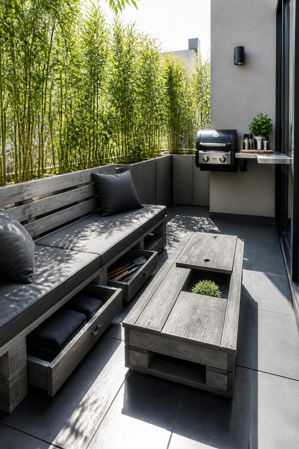 Wooden pallet bench and coffee table on a tiled balcony with open storage drawers, dark cushions, and a grill mounted on the wall.