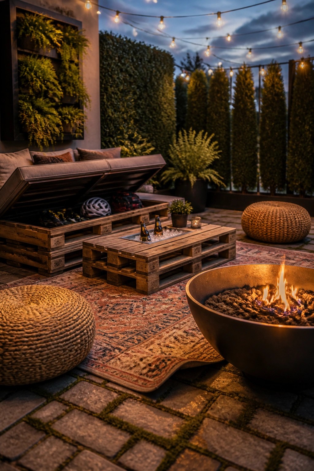 Outdoor patio with wooden pallet bench that has open storage compartments, pallet coffee table, fire pit, woven poufs on a rug, and string lights.