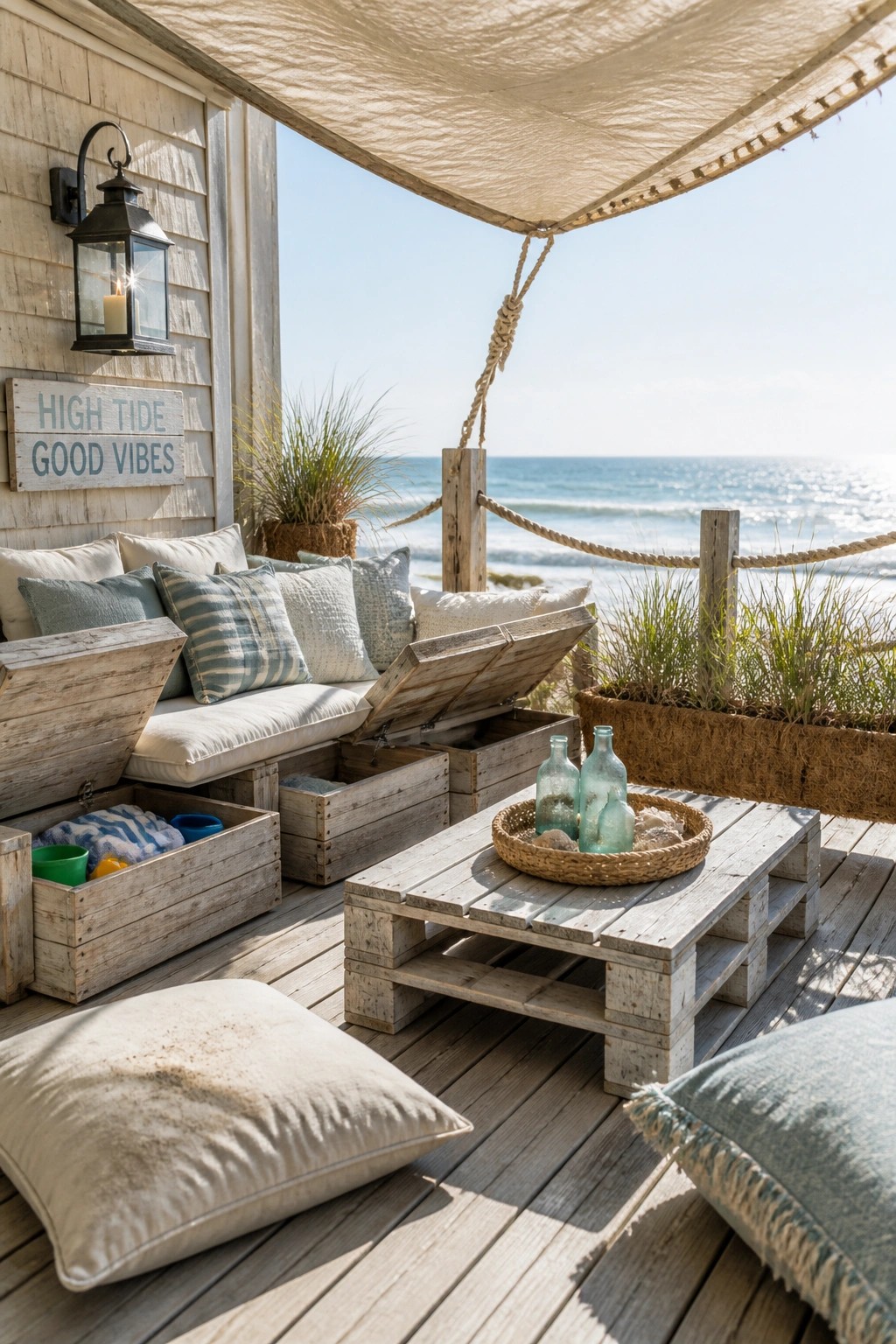 Wooden pallet benches with lift-up storage lids, a matching pallet coffee table, and an ocean view on a sunny deck.