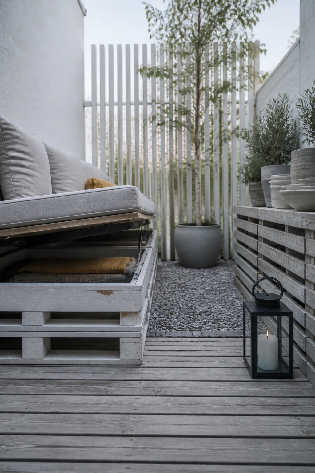 A white painted wooden pallet sofa with gray cushions sits on a gray deck, showing open storage underneath holding folded textiles, next to a lit black lantern.