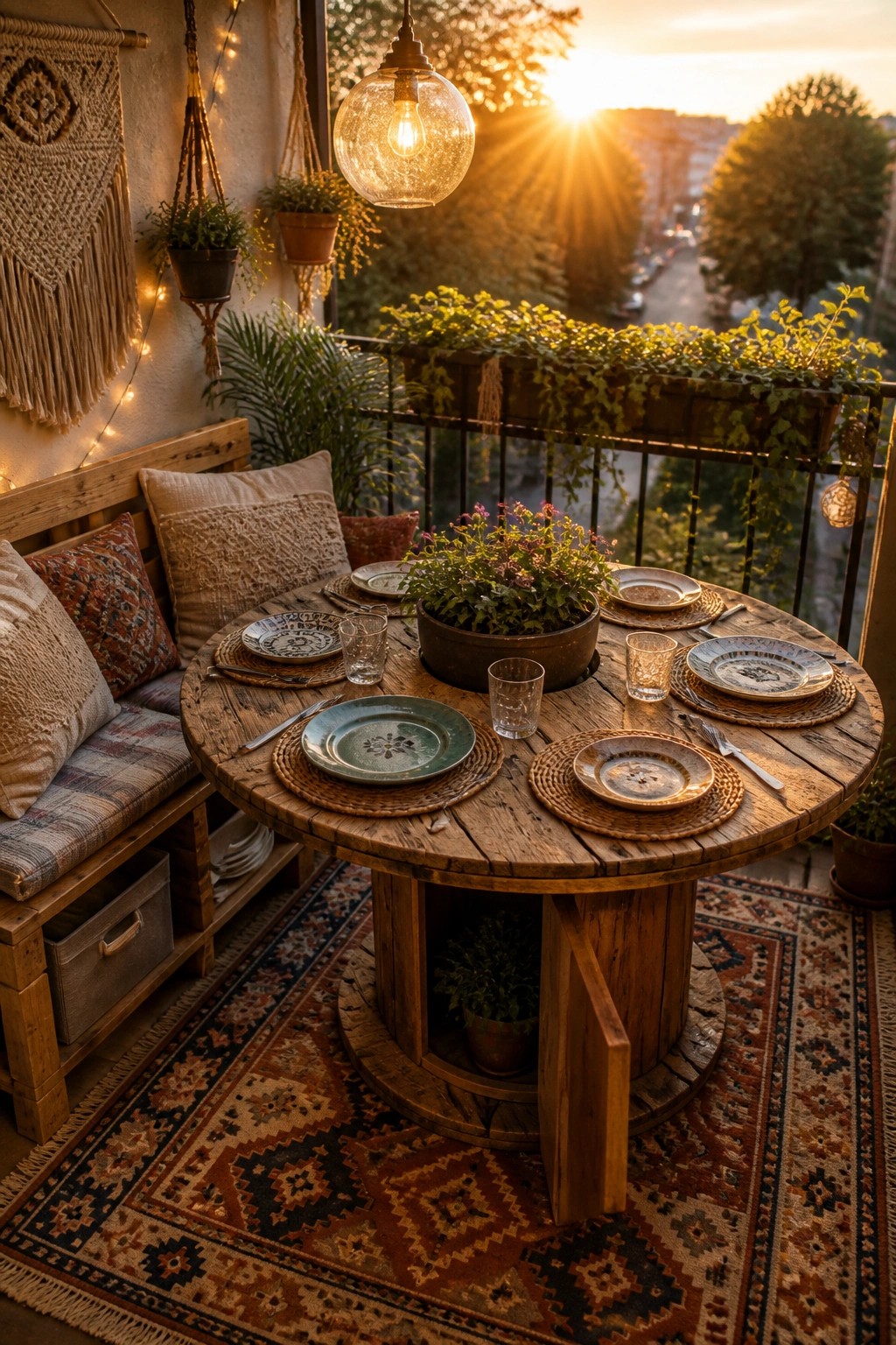 A round wooden spool table set for dinner on a balcony with bench seating, pillows, woven placemats, and potted plants at sunset.