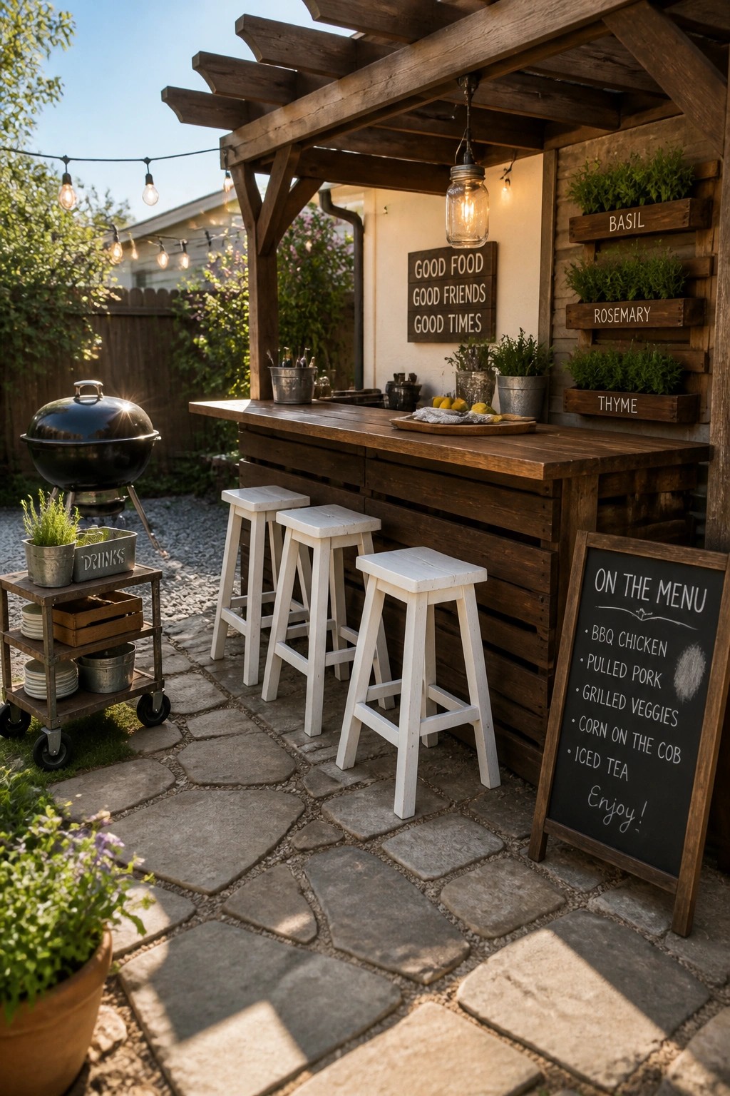 A backyard scene with a dark-stained wooden pallet bar, three white stools, a black grill, and a chalkboard menu sign on a stone patio.