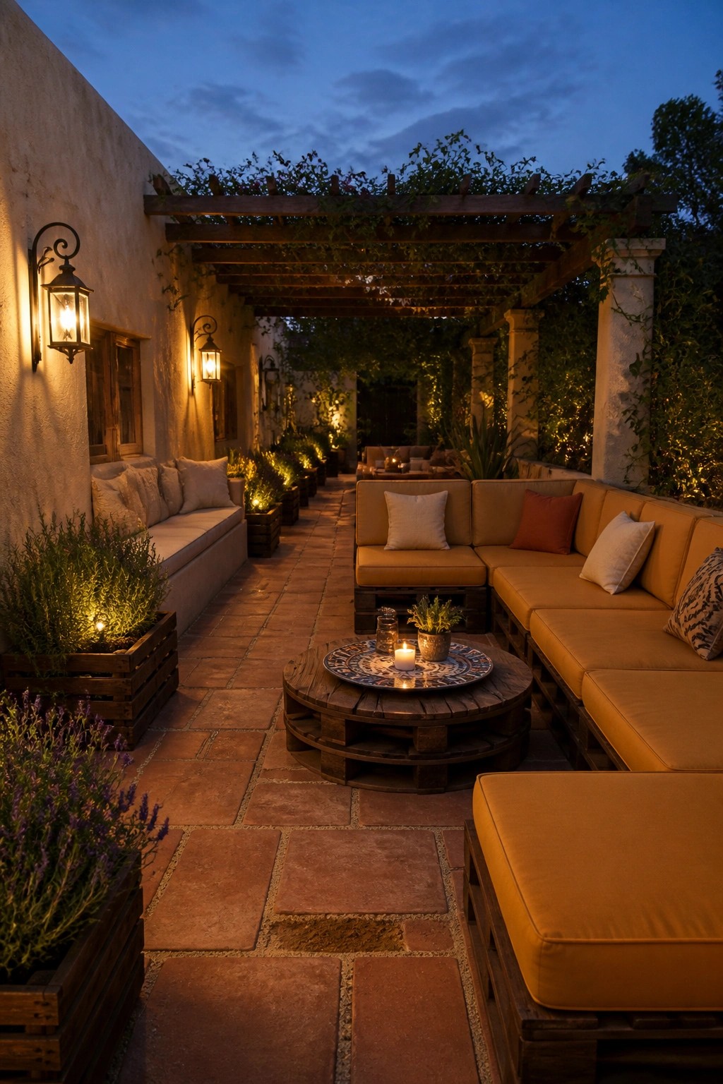 An outdoor patio at dusk featuring multiple pallet wood sofas with orange cushions arranged around a round pallet coffee table.